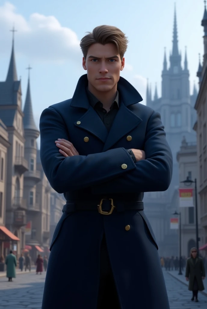 handsome Kristoff full body on his royal palace Dark Blue Trenchcoat Outfit, with Crossed Arms at the European City