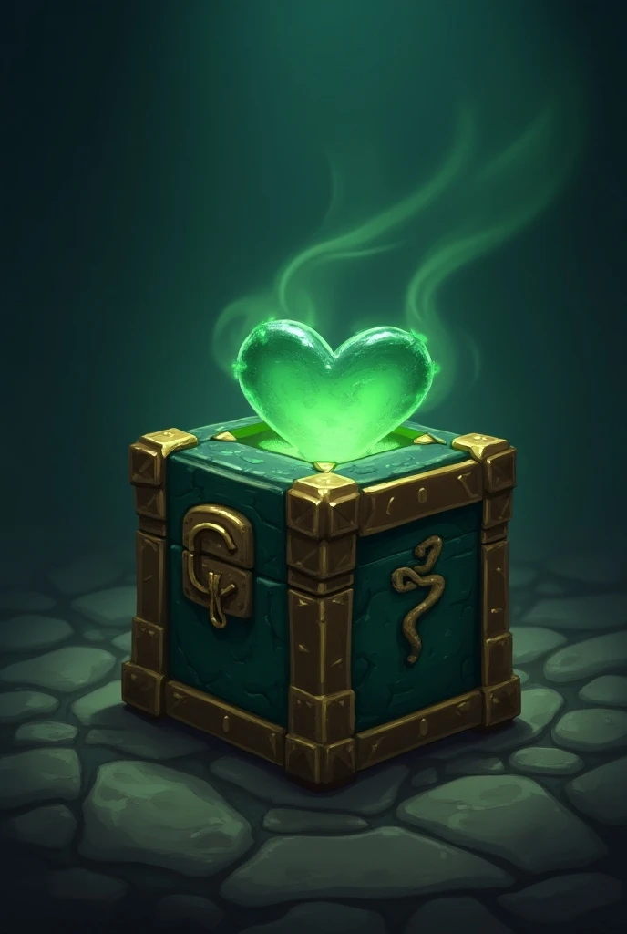 cartoon style,Dark green square box,Treasure Chest , bronze metal edge,Mottled texture , broken edge , Heart Shaped Cloud Texture Totem