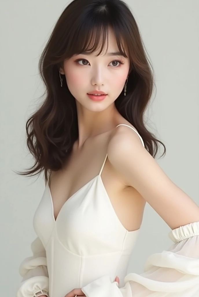 （real， High resolution：1.3）， One girl with a perfect body，, Very beautiful face and eyes，Long Hair，bangs, White blouse dress：1.2,Cosmetics advertising