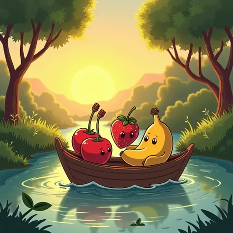 1920s cartoon cherries,banana and strawberry sitting on a boat in the river, evening