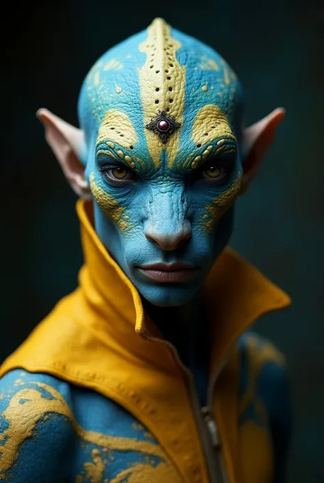 Hybrid handsome male human-alien, male 30 years of age, human facial structure, normal mouth, ridescent blue and yellow skin, lizard-like skin, intricate patterns on forehead, large ridges on forehead and nose, ears missing, no ears, alien jewellry on fore...