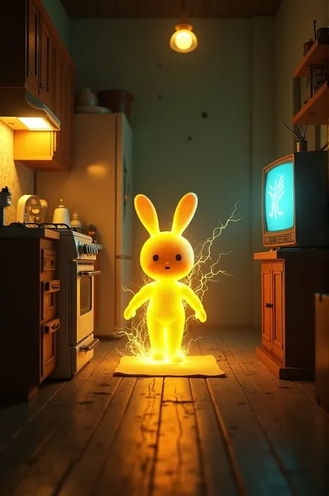  Electro a small yellow doll enters a house illuminating the light bulbs, Turning on the electric stove and turning on the television  