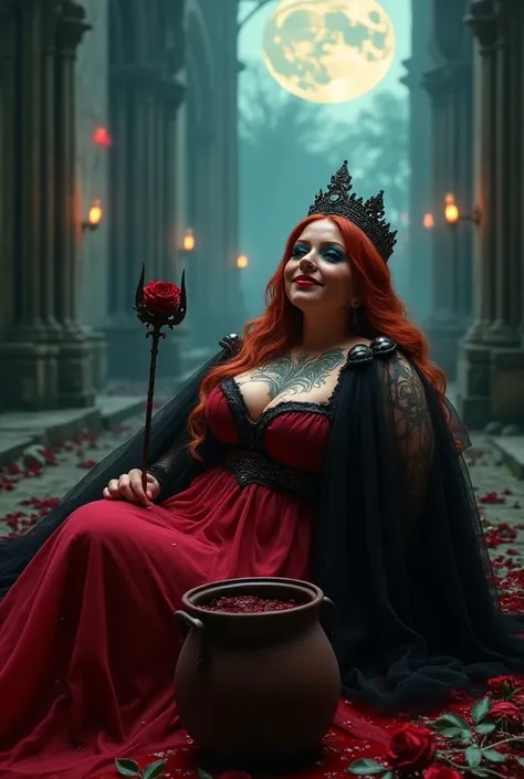  Beautiful plump woman with long wavy copper-colored hair with a crown, Rosa Malvada Jocosa , smoking cigar, acostada sobre blood , black tulle veil over the face,  blue eyes, iglesia en ruinas llena de rose, virgin, queen of hell, Lights de fondo, Mother ...