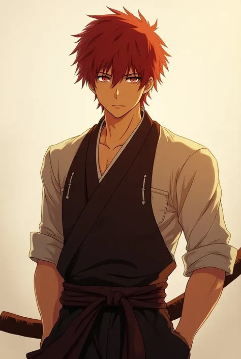 Create Shirou Emiya from Fate Stay night with sun tan skin dark crimson hair and golden carper eyes, with muscular physique, with a Japanese blacksmith attire.