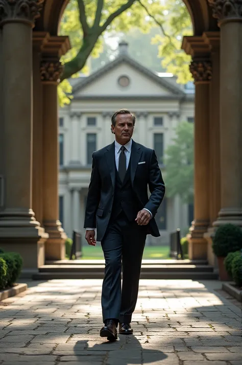 A man in dark classic clothes walking through a university with an old, classic aesthetic 