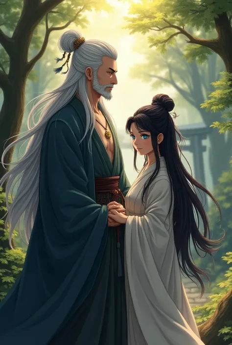  The best quality ,  masterpiece, (a mature man) Sesshomaru, ( upper body ,  head turned to the side )),  Japanese forest with the sanctuary in the background, Day time, standing, Hair decoration , silver hair;  with his wife Kikyo  ( beautiful priestess )...