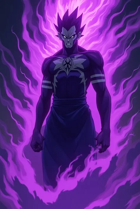 Generate an anime-style character in a sinister transformation with a very large purple aura