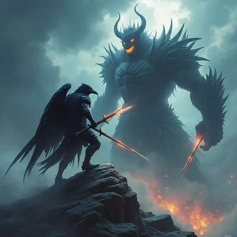 Create an image of a battle between a muscular raven warrior covered in black feathers and a large demon king, weapons clashing, dynamic posing, on a mountain peak, dark storm churns above, Masterpiece, Award Winning, Best Quality, UHD, 