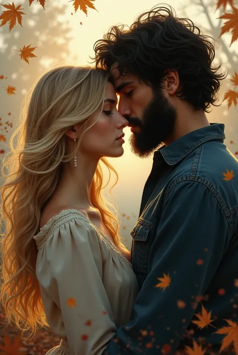  Youth book cover , Everything we never were ,  18-year-old blonde woman, Autumn brown eyes , 28-year-old black-haired man with a beard Impossible love creative cover Broken Heart, full body 