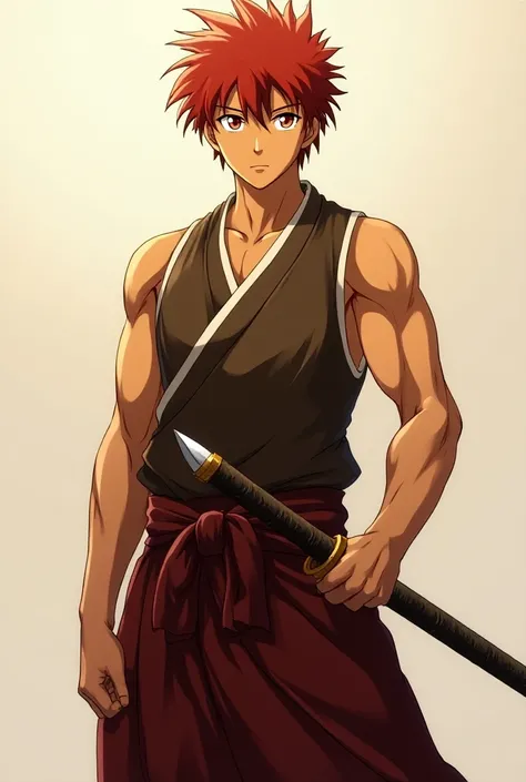 Create Shirou Emiya from Fate Stay night with sun tan skin dark crimson hair and golden carper eyes, with muscular physique, with a Japanese blacksmith attire.