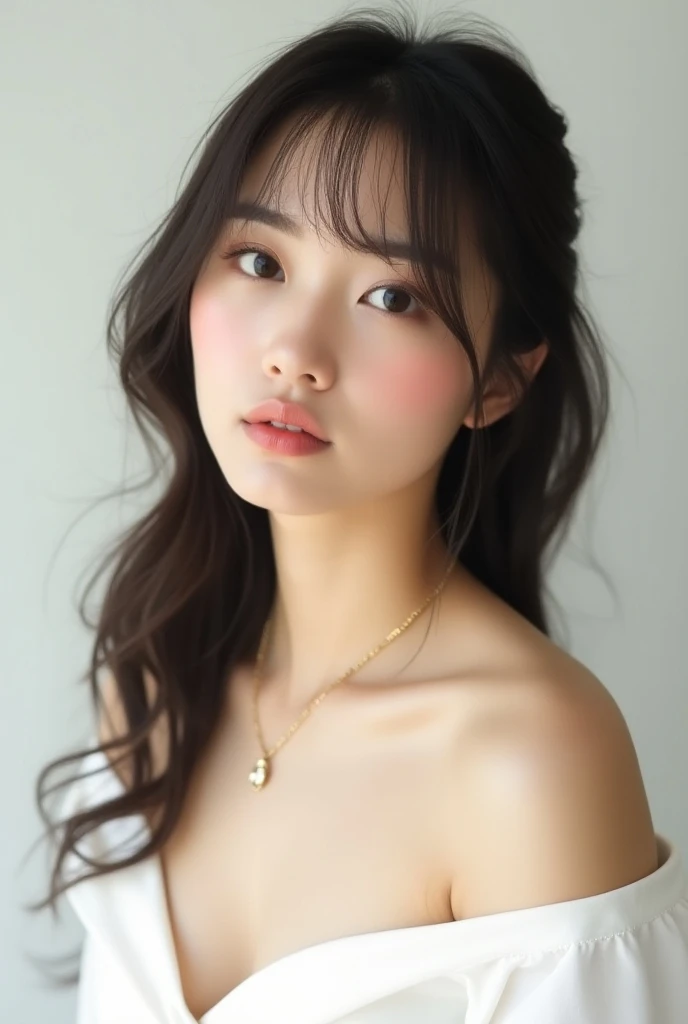 (((wonderful、Best Quality、Ultra high definition、8k、 High Resolution )))（real， High resolution：1.3）， One girl with a perfect body，, Very beautiful face and eyes，Long Hair，bangs, White blouse dress：1.2,Cosmetics advertising