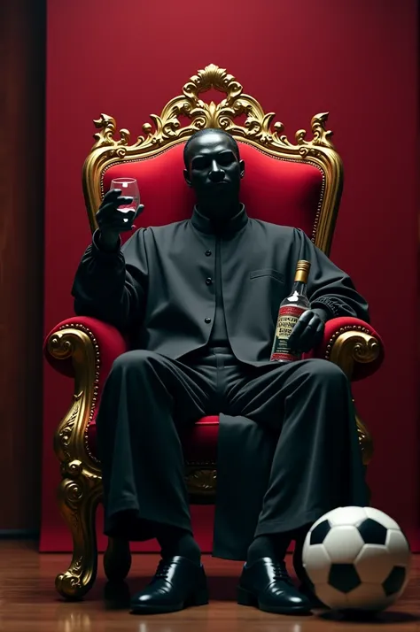 a stunning image for your Instagram : a judge wearing a dark black mask sitting on a luxurious throne ,  all on a maroon background that creates a sophisticated atmosphere .  The central figure reflects confidence and relaxation ,  holding a glass in one h...