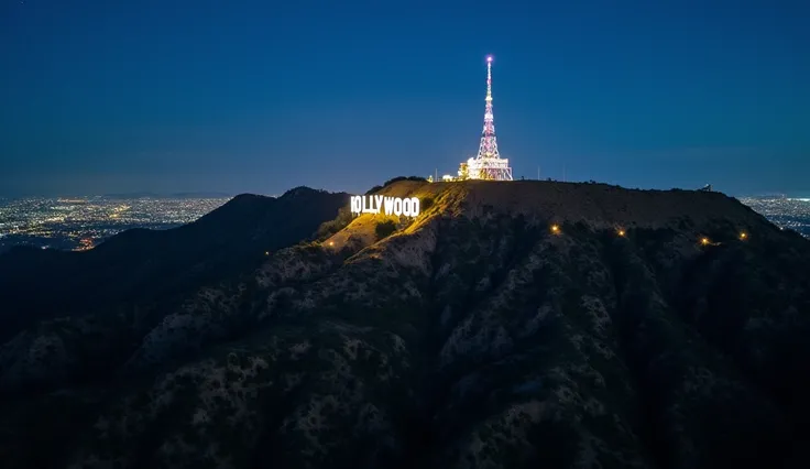 A detailed aerial view of Hollywood at night, captured from an angle as if it were shot by a drone. The iconic Hollywood sign is clearly visible in the image, perched on the mountain, its white silhouette contrasting against the starry night sky. The eleva...