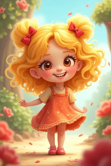 Sweet cartoon of a cheeky blonde girl with curly hair cheerful sweetie 