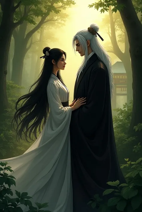  The best quality ,  masterpiece, Sesshomaru, ( upper body ,  head turned to the side , color standingl güero)),  Japanese forest with the sanctuary in the background, Day time, standing, Hair decoration , silver hair;  with his wife Kikyo  ( beautiful pri...