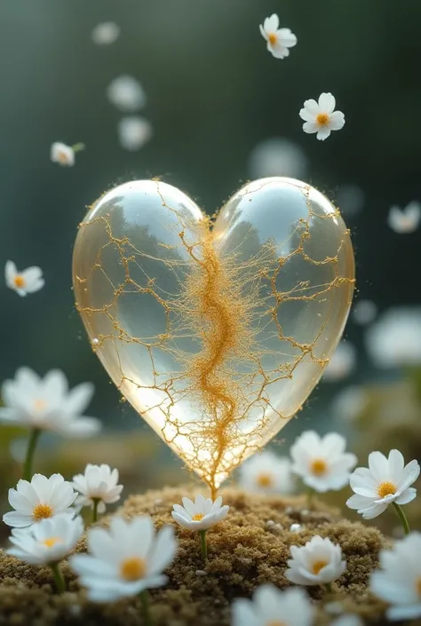 Fragments of the soul , Broken Heart of Clear Glass, Golden Threads,  white flowers and white butterflies 