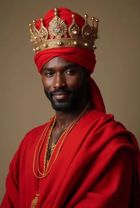 black man, royal crown, smile,  red dress, red turban, African