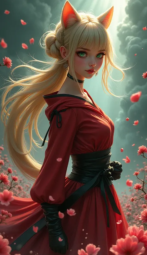 ((Realistic image, high resolution, European young girl, 20 years old, cutie, playful look, cat ears, green cat eyes, huge breasts of the 6th size, hairstyle tail with bangs, flowing hair on the sides, blonde, ninja costume red and black, sakura petals swi...