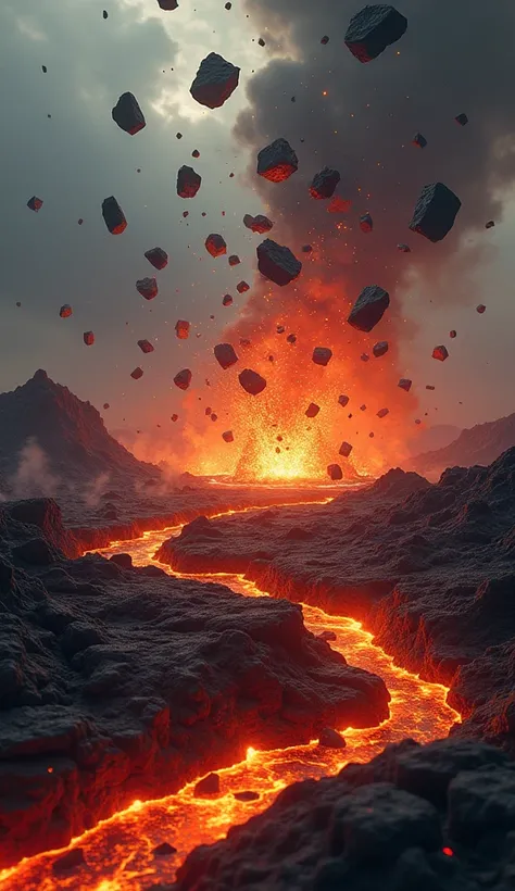 Creates an image of small pieces of volcanic stones falling to the ground leaving cracks and filled with lava as if it were an explosion with each little piece that falls.