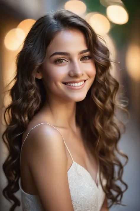 **"A cinematic portrait of a beautiful young woman with long, curly hair cascading over her shoulders. She has light brown eyes that glimmer under soft, diffused lighting, giving her gaze a captivating depth. Her smile is radiant, with perfectly defined fe...