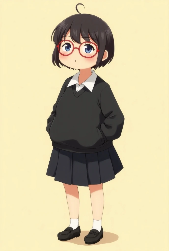 Anime inspired art style. Japanese student, short hair, teen. Shes obese and has a chubby round face. Her appearance reflects her intelligence and shy personality. (shes wearing a black Japanese school uniform, red glasses and black shoes)
