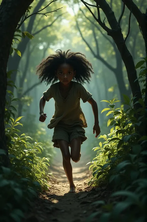 Create a powerful and evocative image of a young Black girl running through a dense, shadowy forest. Her expression conveys a mix of determination and fear as she navigates through thick trees and underbrush. The sunlight filters through the leaves, castin...