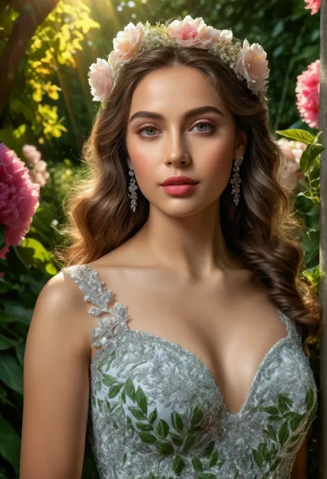 a beautiful young woman, detailed eyes, detailed lips, long eyelashes, elegant dress, standing in a lush garden with vibrant flowers, sunlight streaming through the trees, (best quality,4k,8k,highres,masterpiece:1.2),ultra-detailed,(realistic,photorealisti...