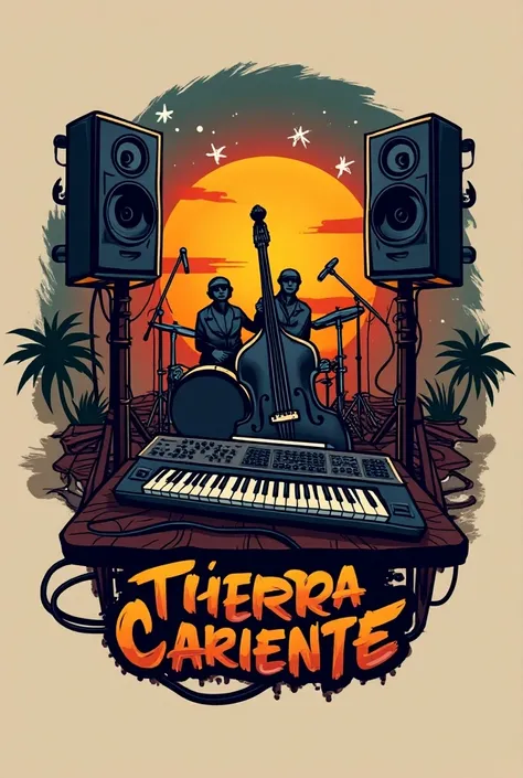  Logo of the musical group that plays cumbia "Tierra Caliente" keyboard, ELECTRIC BASS, modern speaker and microphone , without people.