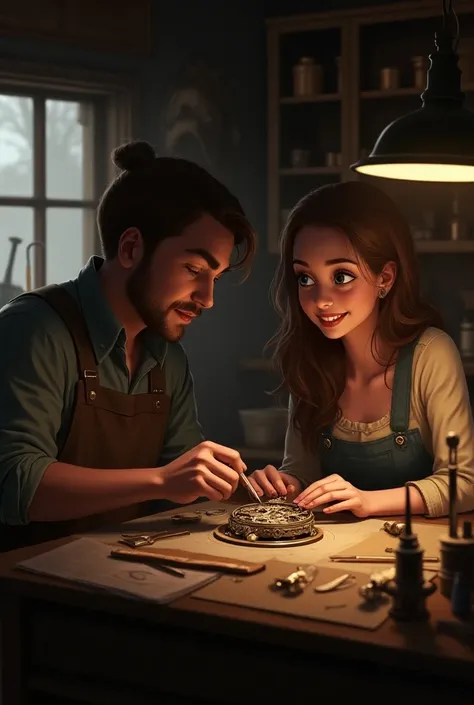  Liam and anna chatted while he carefully repaired the old watch 