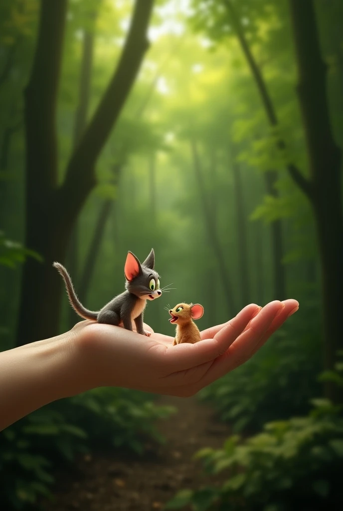 In the forest、 A cat and mouse similar to Tom and Jerry in the palm of your hand。Realistic live-action adaptation 