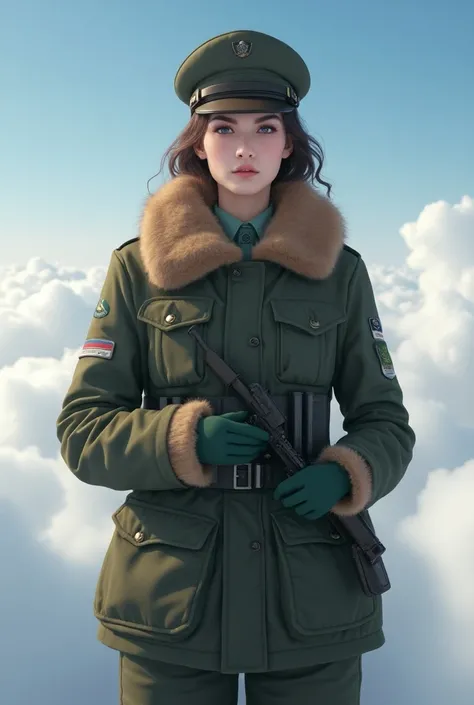 1girl，Wearing a Russian military uniform，(Full body portrait:2)，Medium range footage ， fighter in the sky