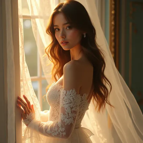 white lace, Beautiful white lace dress , elegant lady, long hair,  soft lighting , funny pose, detailed flowers,  intricate lace patterns, transparent fabric, shiny skin, Serene expression, ethereal atmosphere, delicate details,  high quality rouás, Digita...