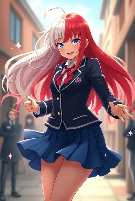 Screenshot of a character from my hero Academia pretty girl with white hair and half her red hair and uniform long hair blue eyes and smiling face dancing in a school 