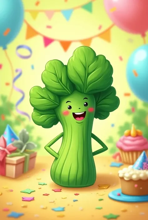 Create a happy birthday photo of a stalk of spinach