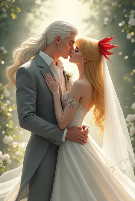 HD, A handsome Kunzite / Malachite man with long white hair, European appearance stands in gray clothes, beautiful man, beautiful skin,beautiful body,Sailor Venus with golden hair passion eros kisses lip a red bow on the back of her head,a short girl,weddi...