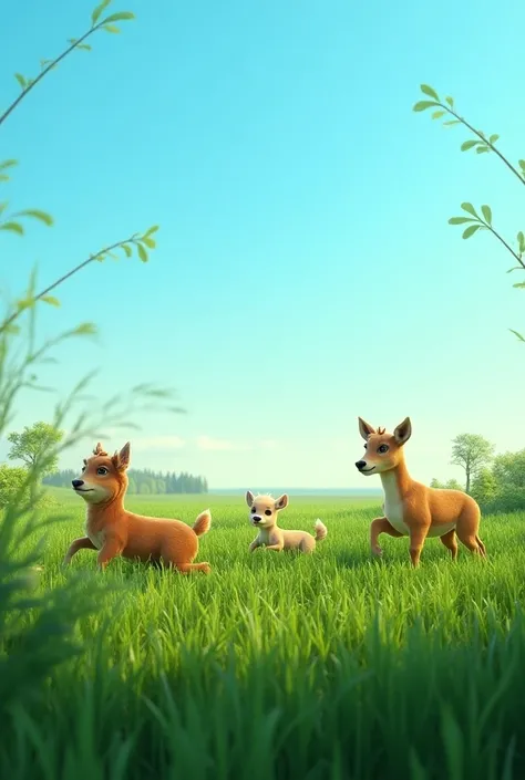  A world full of grass with a blue background, Make a balance and animals more realistic
