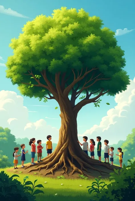 A tree growing in fertile soil, surrounded by students.