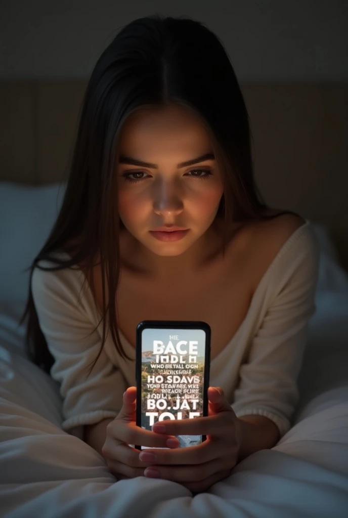 Create a scene where a young woman is watching her cell phone lying on her bed,  on her cell phone this appears :  Receive advertising for an application that would make her famous : which said : -" Do you want to be famous ?  Download our application and ...