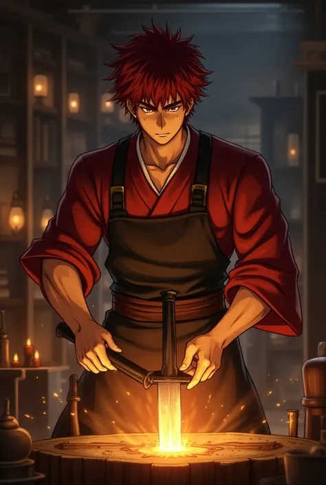 Create Shirou Emiya from Fate Stay night with sun tan skin dark crimson hair and golden carper eyes, with fit physique, with a Japanese blacksmith clothes and preforming swordsmithing.