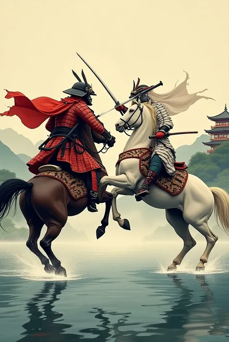 two samurai fight each other on horseback,  one samurai in red armor , second in white , Ukiyo-e