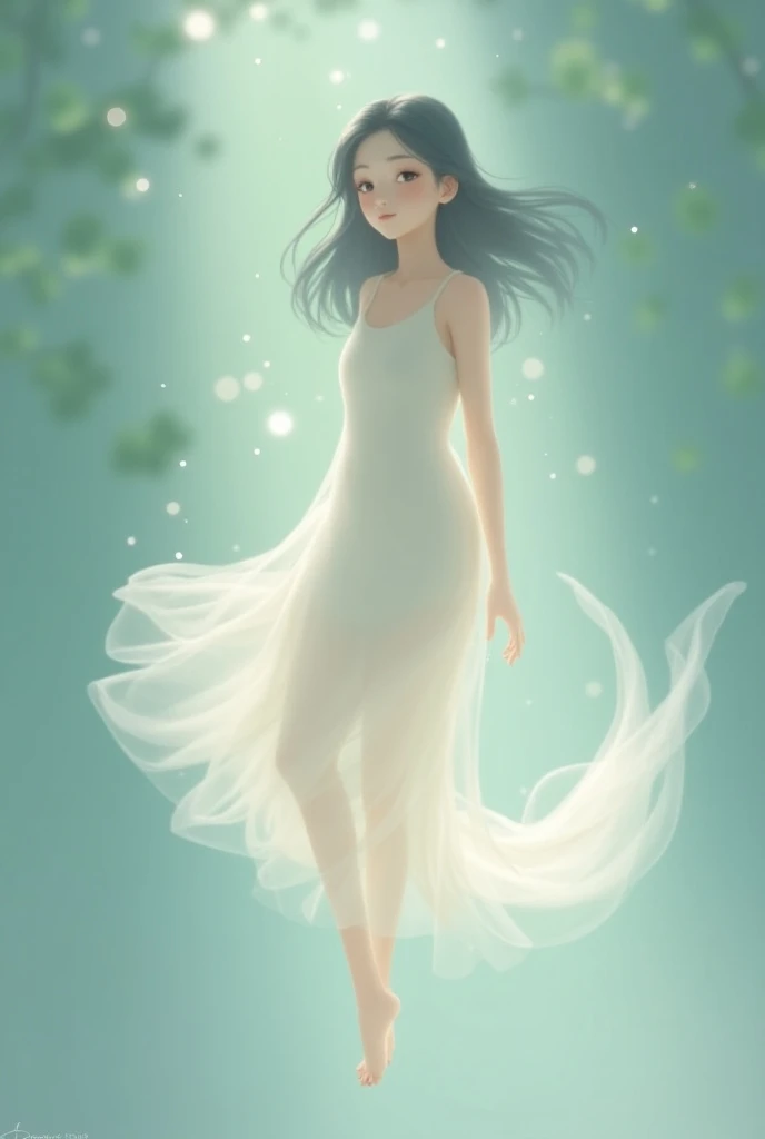 (anime, soft details) woman with ghost tail instead of legs, cute, innocent look, simple ghost dress