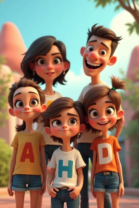 a animated women with "a" in her tshirt, a man with "h" in his tshirt, a girl with "m" in her tshirt, a girl with "d" in her tshirt