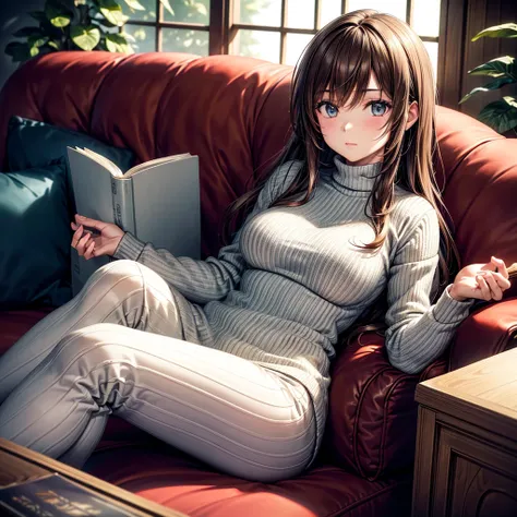 
(((Masterpiece, ultra quality, hyper-detailed, realistic anime style, SDXL, 8K resolution, RTX, perfect pixel, depth of field, cinematic lighting, dynamic shadows, high contrast, highly detailed textures))), 1 woman laying comfortably on a plush couch, re...