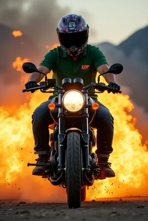 A sinister scene unfolds as man wear green poloshirt with text EDP and wear dark purple helmet full stickers on it is ride a Honda dark black motobike disintegrate under the wrath of precision lasers, billowing smoke swirling around the mountainous backdro...