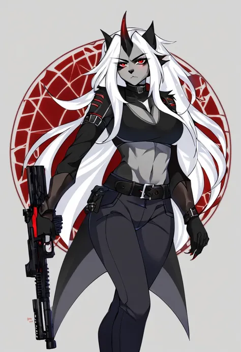 (1me, solo), horns, white werewolf, red eyes, white hair, long hair, black jeans, black tail, holding guns, serious look, 