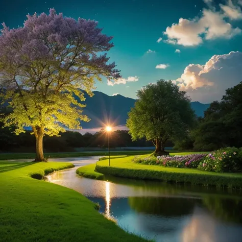 (magical pretty night null green stream overlay scene), (null), (cloud), Soft lighting, Clean background , Beautiful views, masterpiece, High image quality,  Beautiful graphics , high detail, Spectacular views, garden, flower, cloud, (night starry null, Ri...