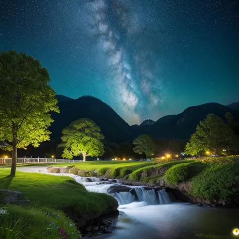 (magical pretty night null green stream overlay scene), (null), (cloud), Soft lighting, Clean background , Beautiful views, masterpiece, High image quality,  Beautiful graphics , high detail, Spectacular views, garden, flower, cloud, (night starry null, Ri...