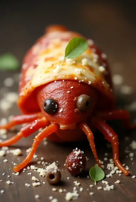 Stuffed cockroach made with sliced pepperoni sausage ,  with plenty of raisins and olives in the filling showing up and with generous toasted mozzarella cheese and grated Parmesan cheese toasted on top