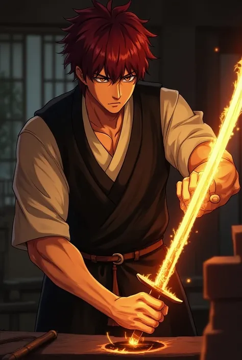 Create Shirou Emiya from Fate Stay night with sun tan skin dark crimson hair and golden carper eyes, with fit physique, with a Japanese blacksmith clothes and preforming swordsmithing.