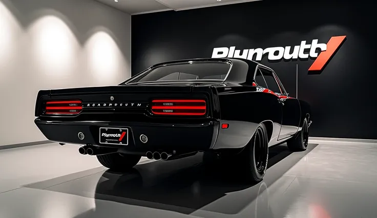 2025 Plymouth Roadrunner in show room back view colour Black the name of car on the background Wall with company logo